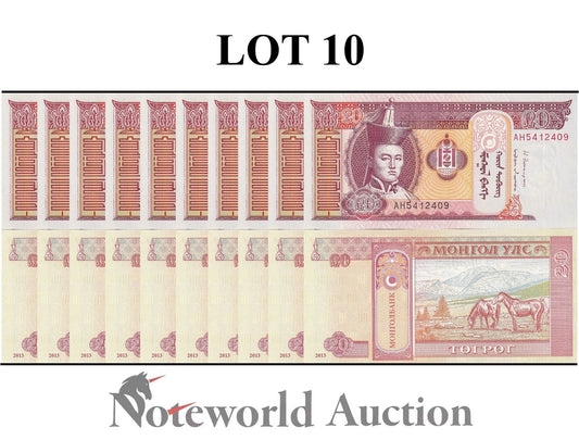 MONGOLIA 20 Togrog 2013 P 63g Lot 10 pcs 1/10 Bundle UNC
