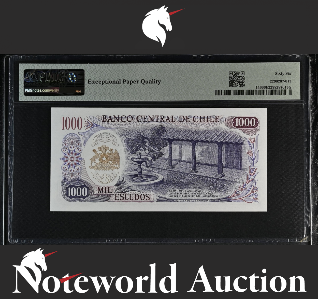 Chile Banco Central 1000 Escudos 1967-76 P 146 UNC PMG 66 EPQ 2nd TOP POP