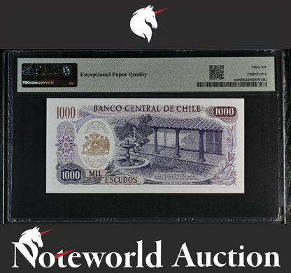 Chile Banco Central 1000 Escudos 1967-76 P 146 UNC PMG 66 EPQ 2nd TOP POP