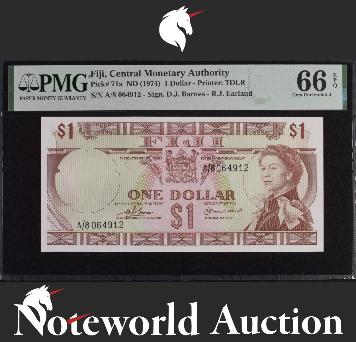 Fiji Central Monetary Authority 1 Dollar ND (1974) P 71a UNC PMG 66 EPQ NR