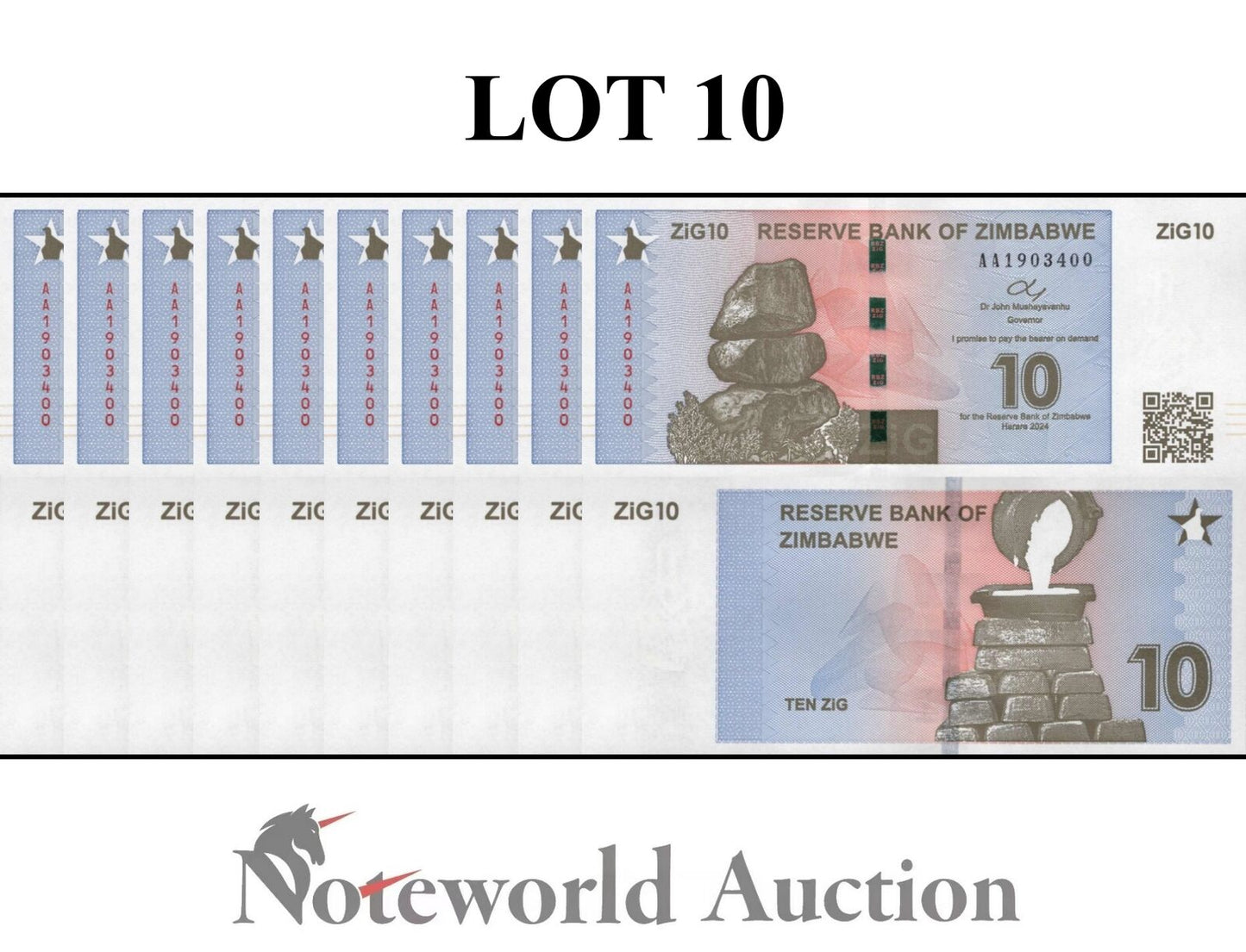 ZIMBABWE Lot 10 pcs 1/10 Bundle - 10 Zig 2024 P 110 First Prefix AA UNC