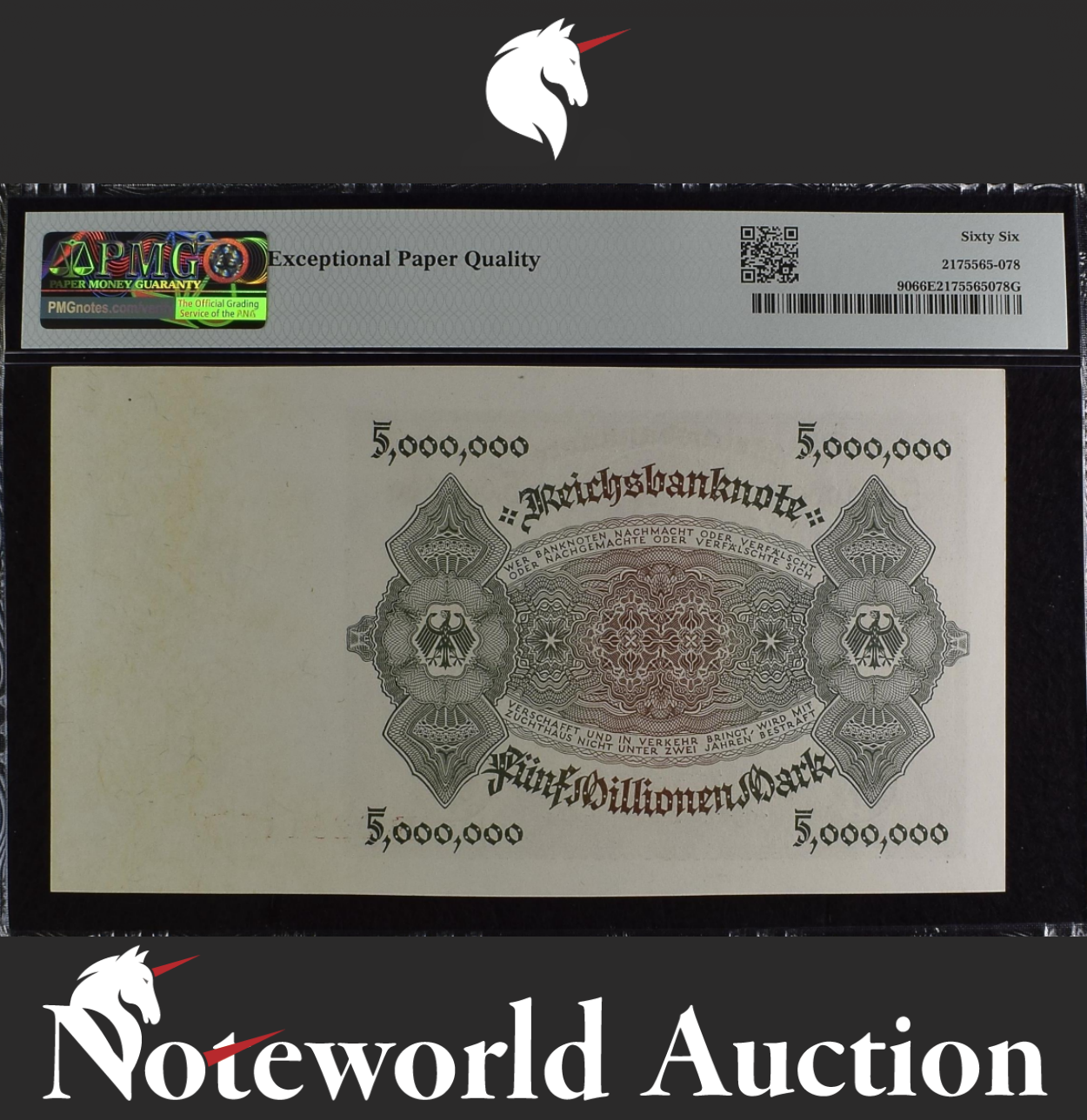 Germany Republic Treasury Note 5 Millionen 1923 P 90 UNC PMG 66 EPQ 2nd TOP POP