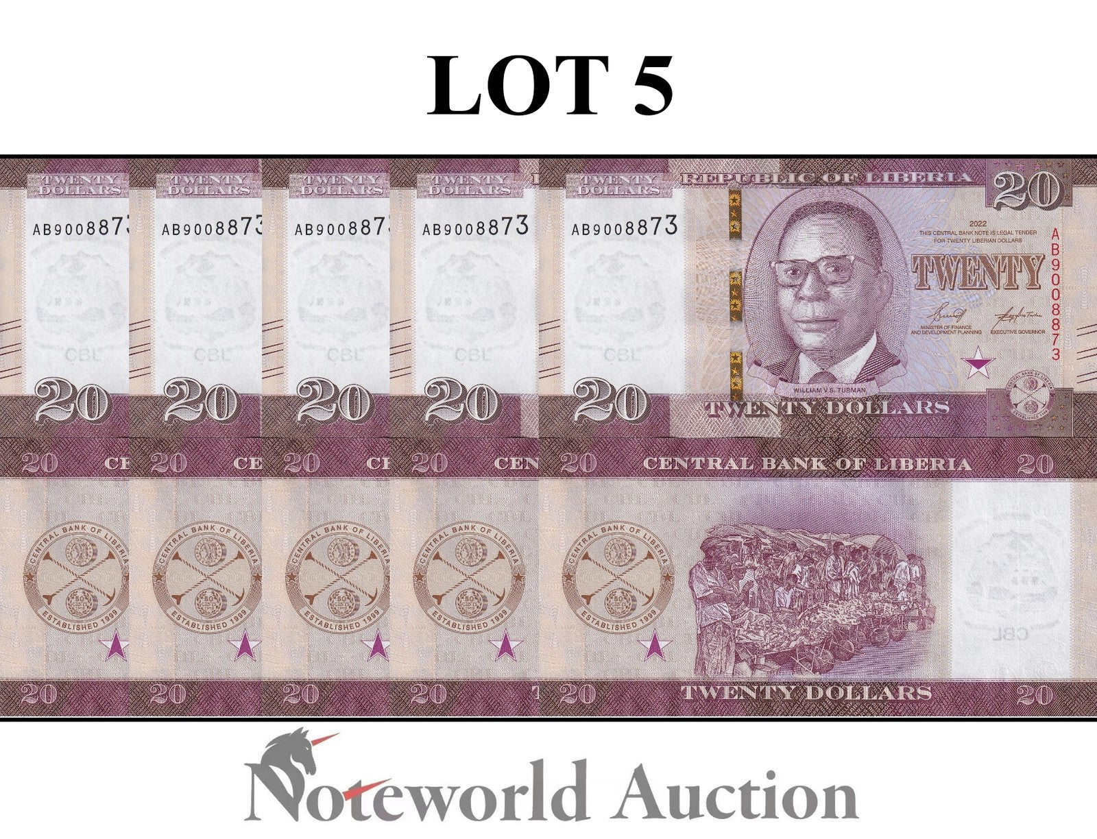 LIBERIA 20 Dollars 2022 P 39  Lot 5 pcs 1/20 Bundle UNC