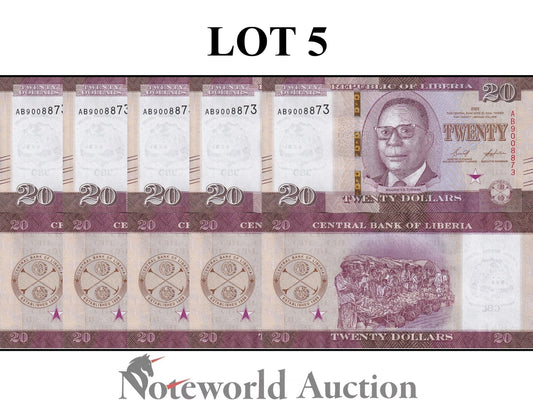 LIBERIA 20 Dollars 2022 P 39  Lot 5 pcs 1/20 Bundle UNC