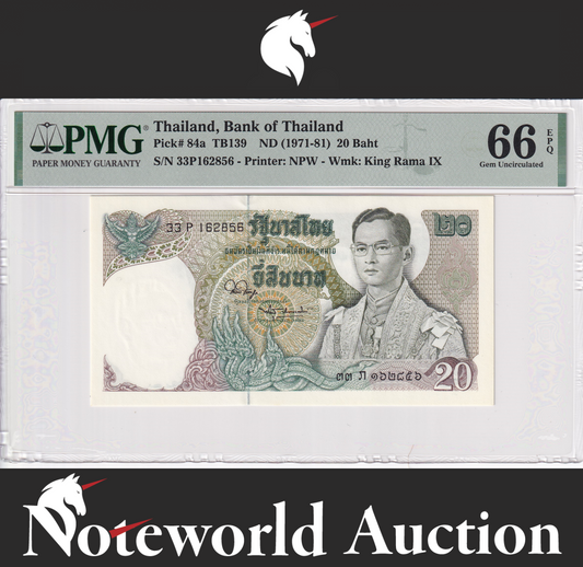 Thailand Bank of Thailand 20 Baht TB139 ND (1971-81) P 84a UNC PMG 66 EPQ