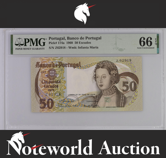 Portugal Banco de Portugal 50 Escudos 1968 P 174a UNC PMG 66 EPQ 3rd TOP POP