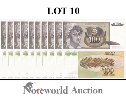 YUGOSLAVIA Lot 10 pcs 1/10 Bundle - 100 Dinara 1991 P 108 UNC