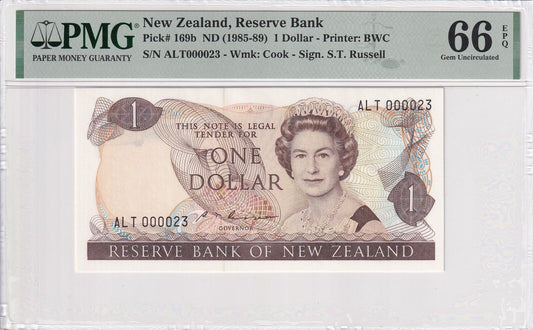 NEW ZEALAND 1 Dollar ND (1985-89) P 169b Fancy LOW SERIAL NO. 23 UNC PMG 66 EPQ