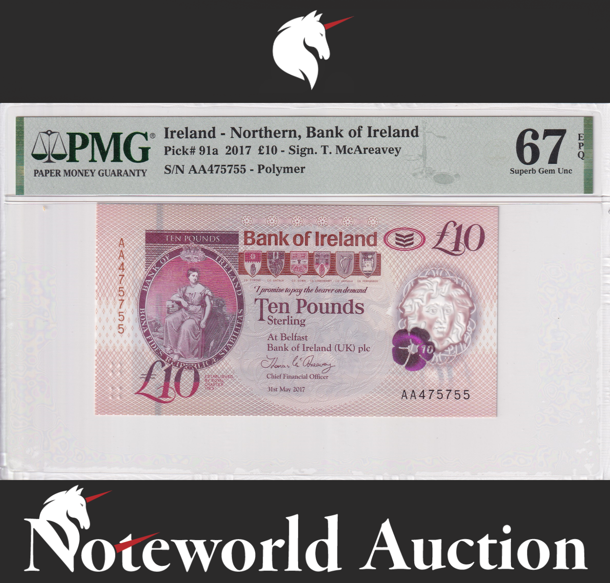 Ireland Northern Bank of Ireland £10 2017 P 91a Polymer Prefix AA UNC PMG 67 EPQ