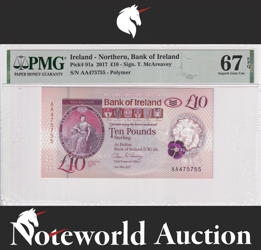 Ireland Northern Bank of Ireland £10 2017 P 91a Polymer Prefix AA UNC PMG 67 EPQ