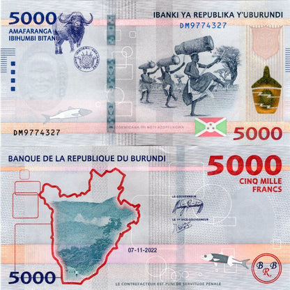 BURUNDI Lot 5 pcs 1/20 Bundle - 5000 Francs 2022 P 58 Modified Colors UNC