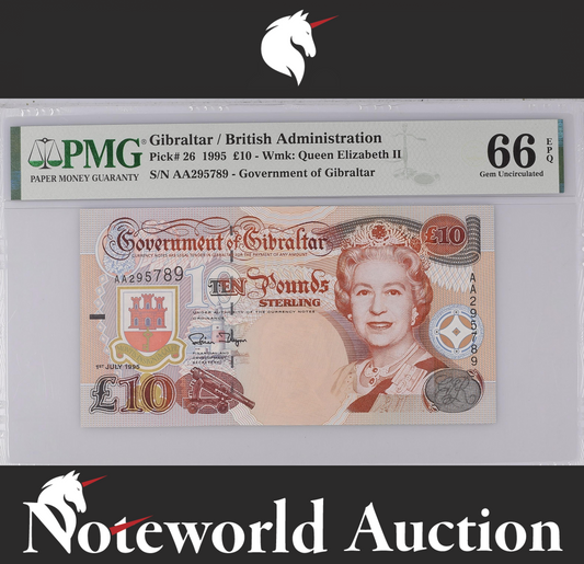 Gibraltar British Administration £10 1995 P 26 Prefix AA UNC PMG 66 EPQ