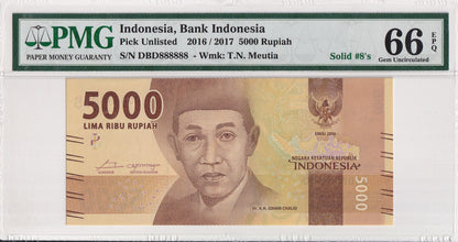 INDONESIA 5000 Rupiah 2016 P 156 Fancy SOLID 8 - 888888 UNC PMG 66 EPQ