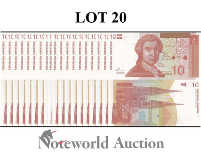 Croatia Lot 20 pcs 1/5 Bundle - 10 Hrvatskih Dinara 1991 P 18 UNC