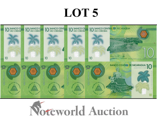 NICARAGUA 10 Cordobas 2019 P 209a Polymer Lot 5 pcs 1/20 Bundle UNC