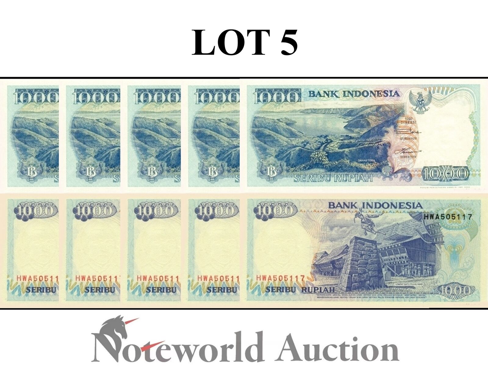 INDONESIA Lot 5 pcs 1/20 Bundle - 1000 Rupiah 1992/2000 P 129i UNC