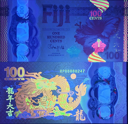 FIJI COMM. - 100 Cents 2023/2024 P 124 Polymer Year of Dragon S/N 88888XXX UNC