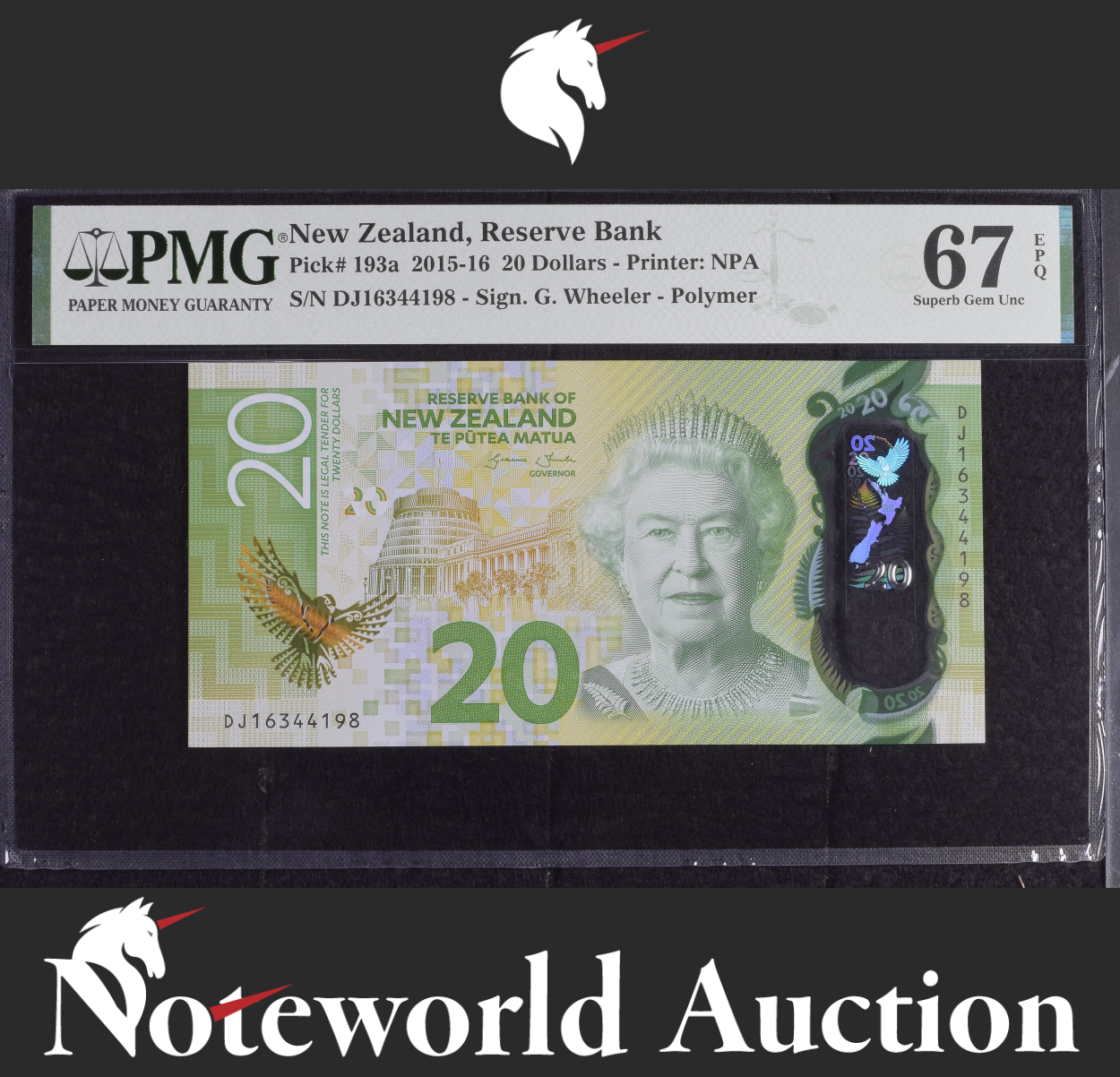 New Zealand 20 Dollars 2015-16 P 193a Polymer UNC PMG 67 EPQ