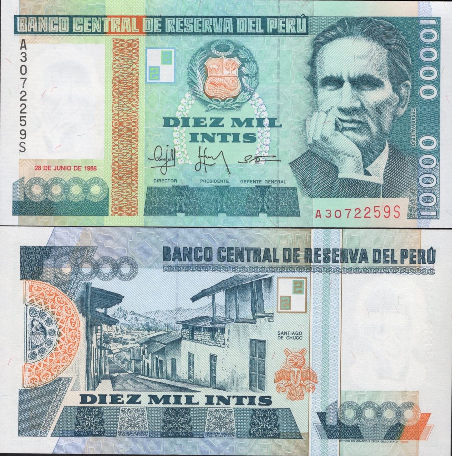 PERU Lot 10 pcs 1/10 Bundle - 1000 Intis 1988 P 140 UNC