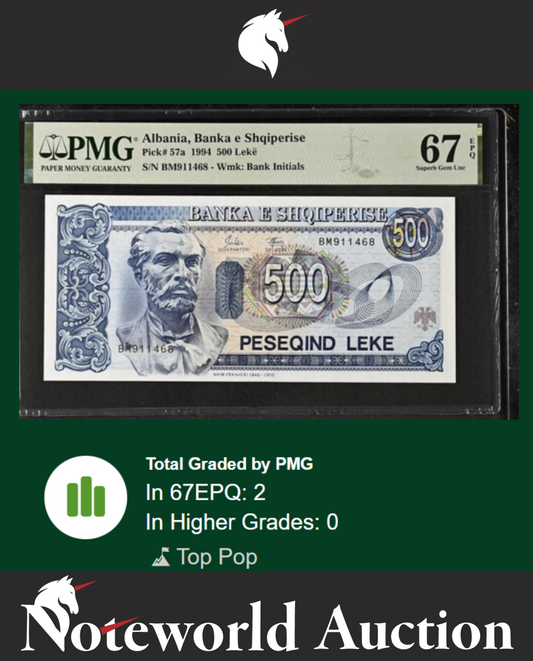 Albania Banka e Shqiperise 500 Leke 1994 P 57a UNC PMG 67 EPQ TOP POP
