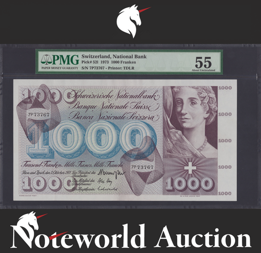 Switzerland National Bank 1000 Franken 1973 P 521 Rare AU PMG 55