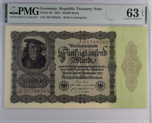 GERMANY REPUBLIC TREASURY 50000 Mark 1922 P 80 UNC PMG 63 EPQ