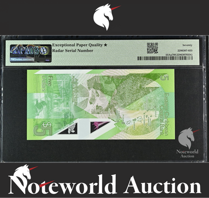 East Caribbean States 5 2021 P 55Aa Radar S/N 988889 UNC PMG 70 EPQ STAR TOP POP