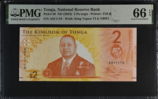 TONGA 2 Pa'anga 2023 P 50 Fancy Binary-Radar-Rotator NO.A011110 UNC PMG 66 EPQ