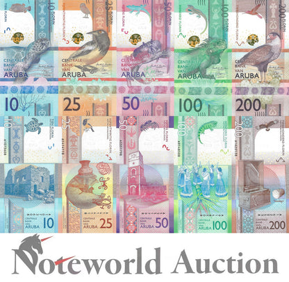 ARUBA 10 25 50 100 200 Florin 2019 P 21 22 23 24 25 First Prefix A Set 5 pcs UNC