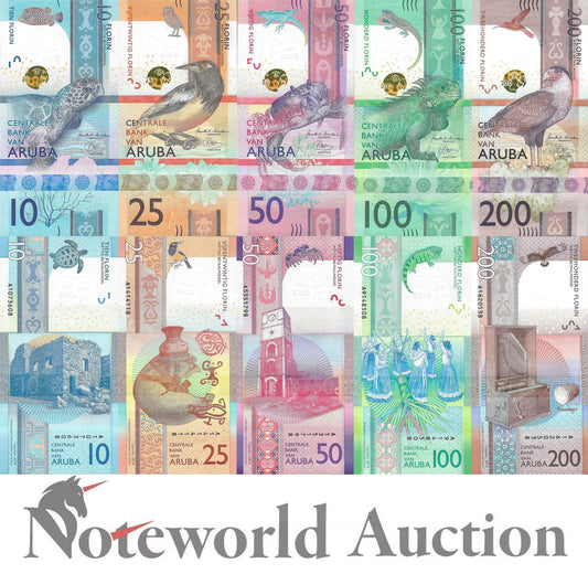 ARUBA 10 25 50 100 200 Florin 2019 P 21 22 23 24 25 First Prefix A Set 5 pcs UNC