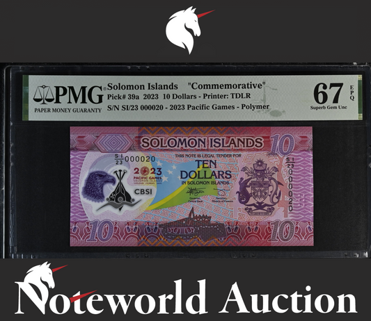 Solomon Islands COMM. 2023 P 39a Polymer LOW No. 20 UNC PMG 67 EPQ 3rd TOP POP