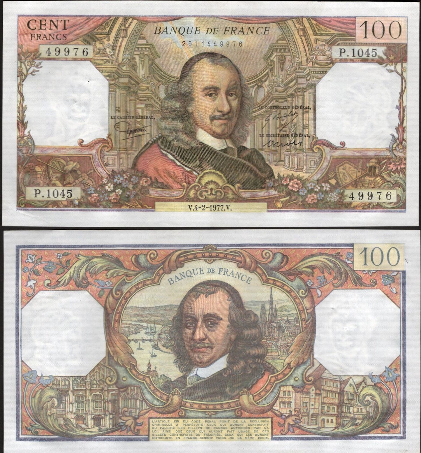 FRANCE 100 Francs 1977 P 149f with hole random signatures EF - AU