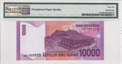 INDONESIA 10000 Rupiah 2005/2007 P 143c Fancy SOLID 8 - 888888 UNC PMG 66 EPQ