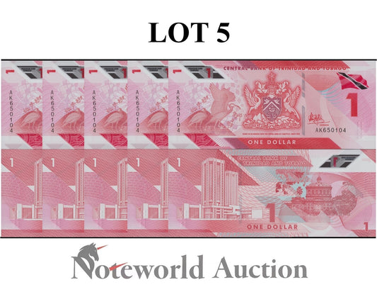 TRINIDAD & TOBAGO Lot 5 pcs 1/20 Bundle - 1 Dollar 2020 P 60a Polymer UNC