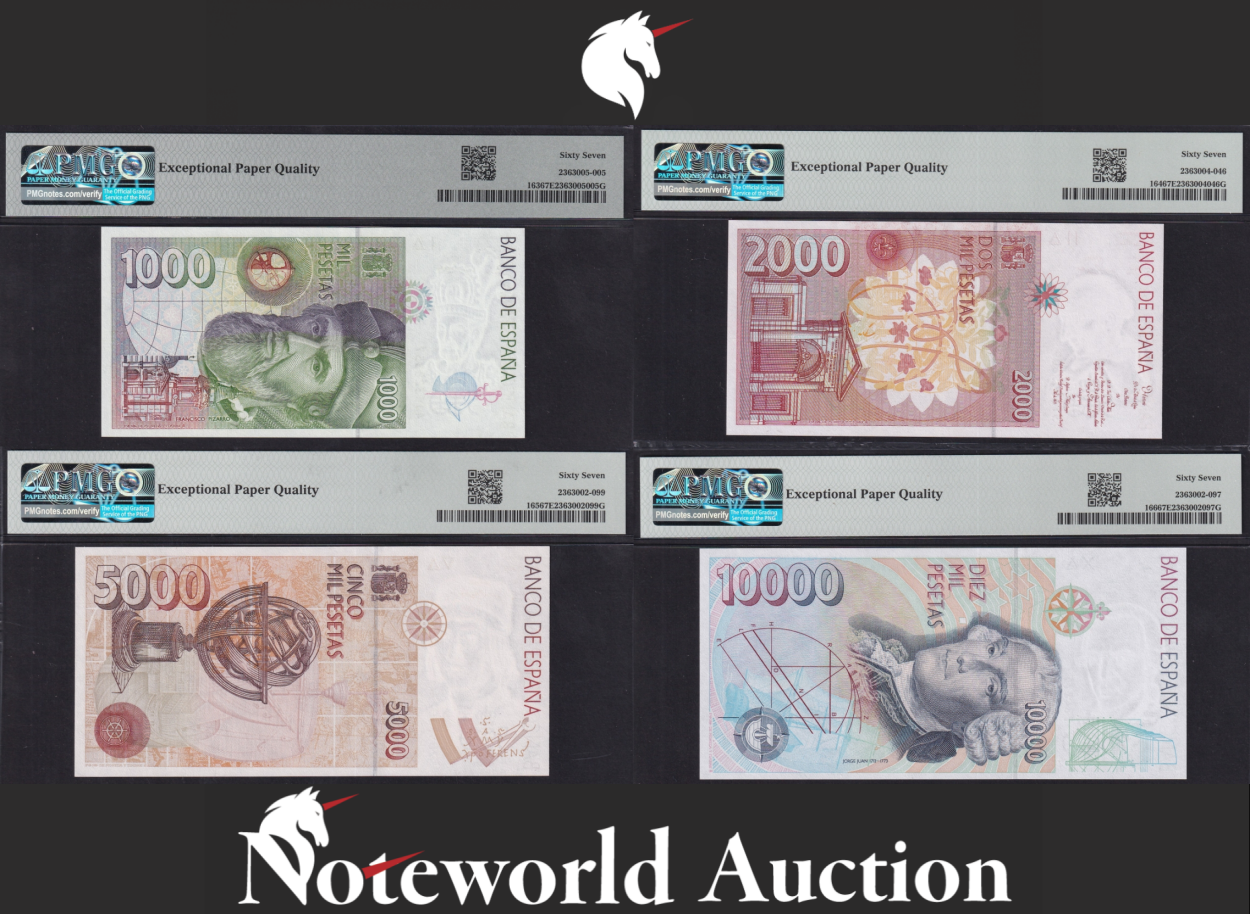 SPAIN Set 4 pcs - 1000-10000 Pesetas 1992 ND 1996 P 163 164-166 UNC PMG 67 EPQ