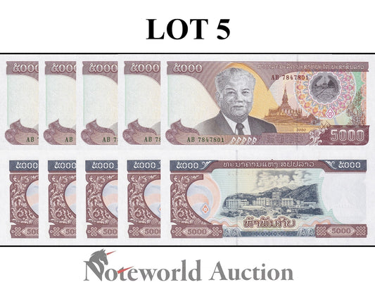 LAOS 5000 Kip 2020/2022 P 41A New Design Lot 5 pcs 1/20 Bundle UNC