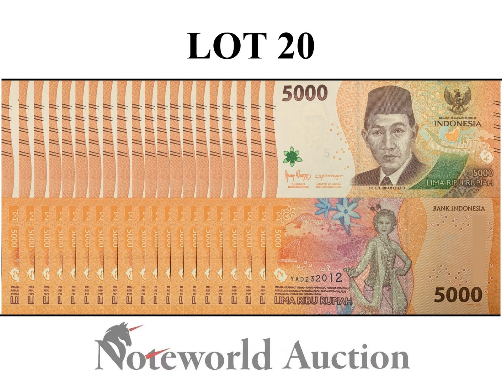 INDONESIA 5000 Rupiah 2022 P 164 Lot 20 pcs 1/5 Bundle UNC