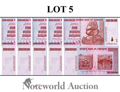 ZIMBABWE 5000000000 Dollars 2008 P 84 Lot 5 pcs 1/20 Bundle UNC