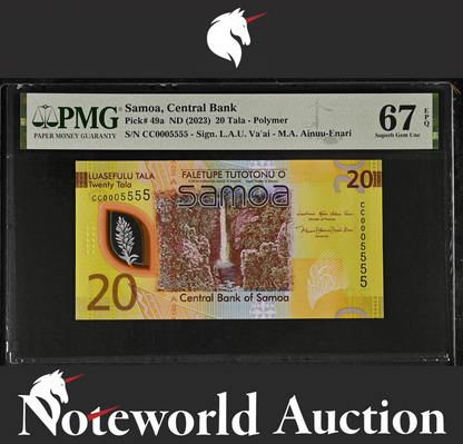 Samoa Central Bank 20 (2023) P 49a Polymer Fancy No.CC0005555 UNC PMG 67 EPQ