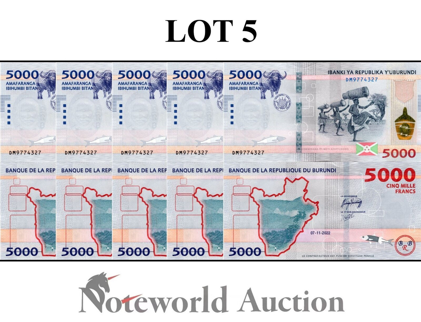 BURUNDI Lot 5 pcs 1/20 Bundle - 5000 Francs 2022 P 58 Modified Colors UNC