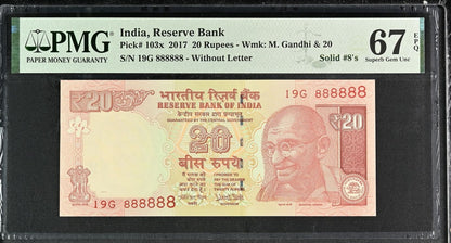 INDIA 20 Rupees 2017 P 103x Fancy Lucky SOLID 8 - 888888 UNC PMG 67 EPQ