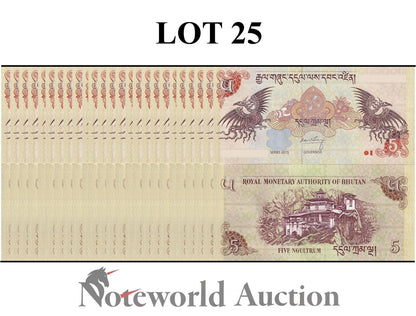 BHUTAN Lot 25 pcs 1/4 Bundle - 5 Ngultrum 2015 P 28c UNC