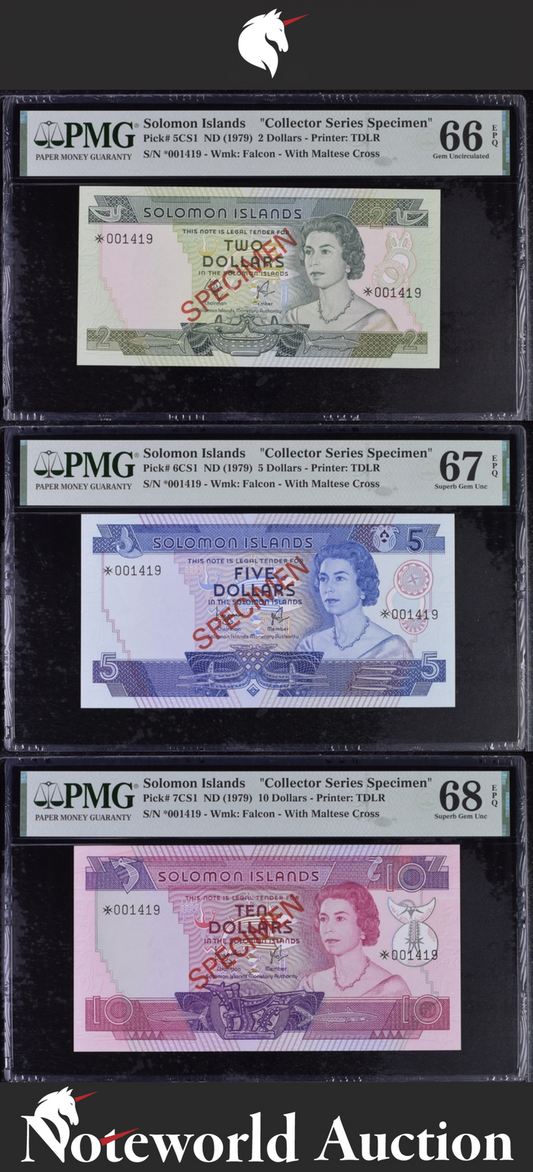 Solomon Islands Set 3 pcs - 2 5 10 1979 P 5 6 7CS1 SPECIMEN UNC PMG 67 68 EPQ