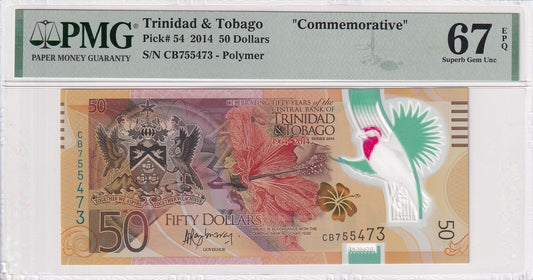 TRINIDAD & TOBAGO Commemorative 50 Dollars 2014 P 54 Polymer UNC PMG 67 EPQ