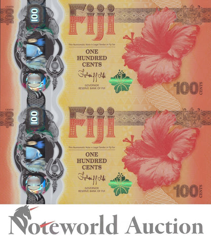 FIJI COMM. 100 Cents 2023 P 124 Polymer Dragon Match NO. 88888658 UNCUT 2 IN UNC