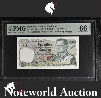 Thailand 20 Baht ND (1981-85) P 88 Fancy LOW No. 0000800 UNC PMG 66 EPQ