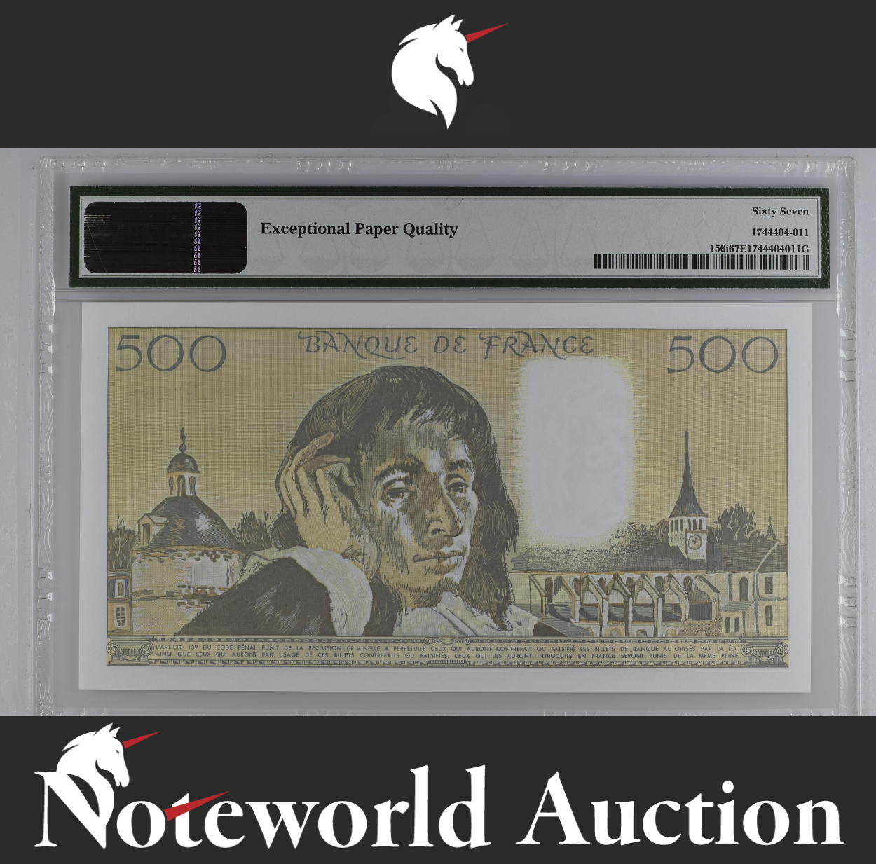 France Banque de France 500 Francs 1991-93 P 156i UNC PMG 67 EPQ TOP POP