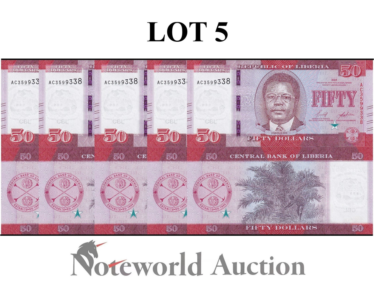 LIBERIA 50 Dllars 2022 P 40 Lot 5 pcs 1/20 Bundle UNC