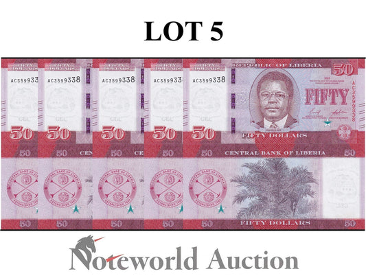 LIBERIA 50 Dllars 2022 P 40 Lot 5 pcs 1/20 Bundle UNC