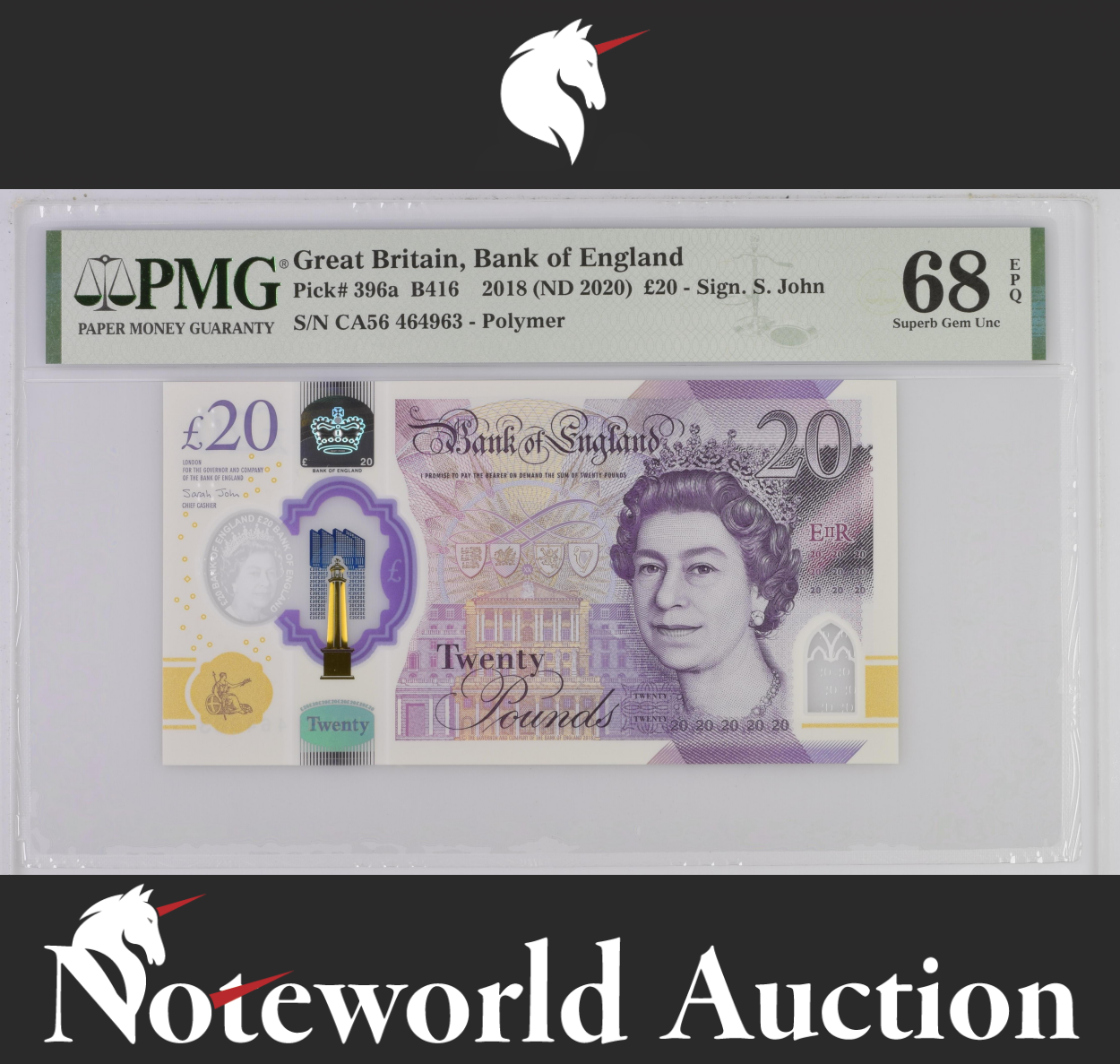 Great Britain 20 Pounds 2018 (ND 2020) P 396a Polymer UNC PMG 68 EPQ 3rd TOP POP